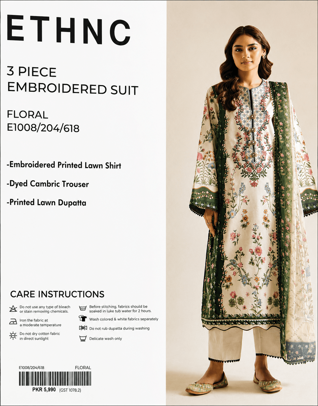 ETHNC 3 Piece Embroidered Lawn Suit