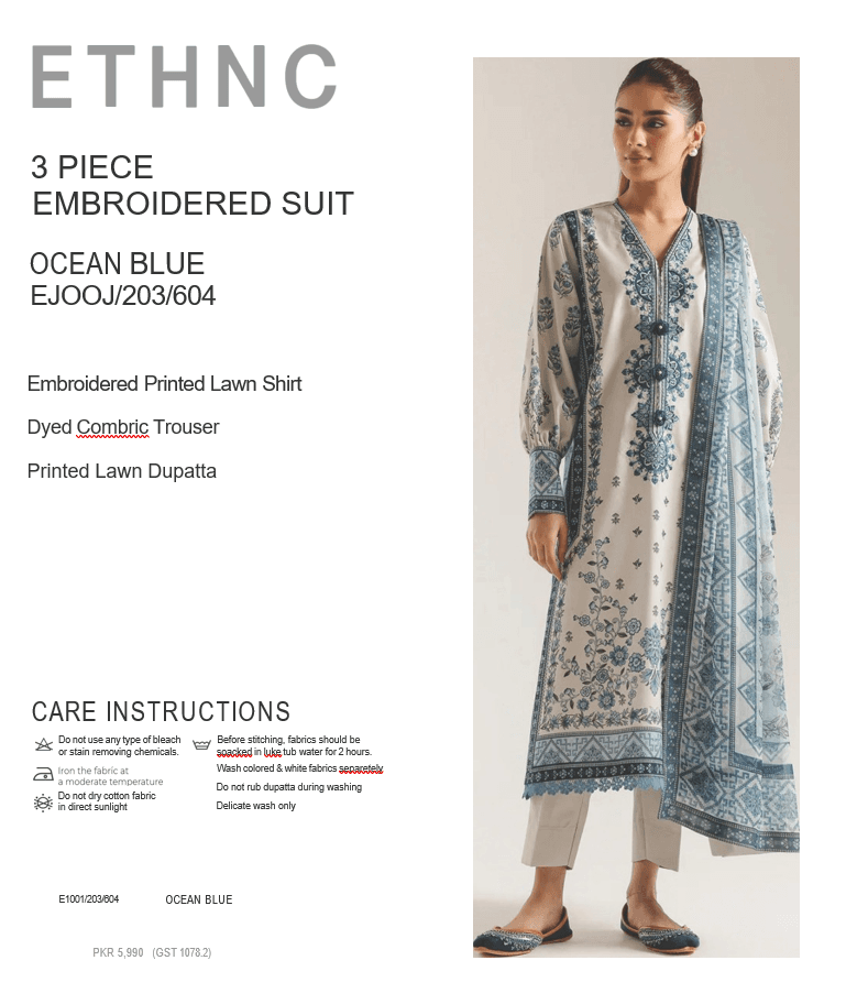 ETHNC Ocean Blue 3 Piece Embroidered Suit