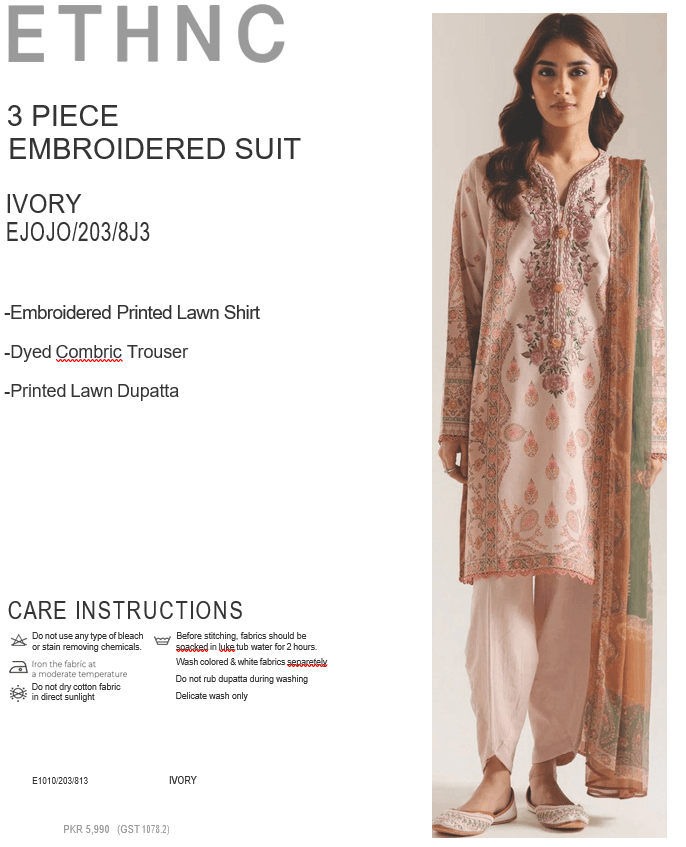 ETHNC Ivory 3 Piece Embroidered Lawn Suit