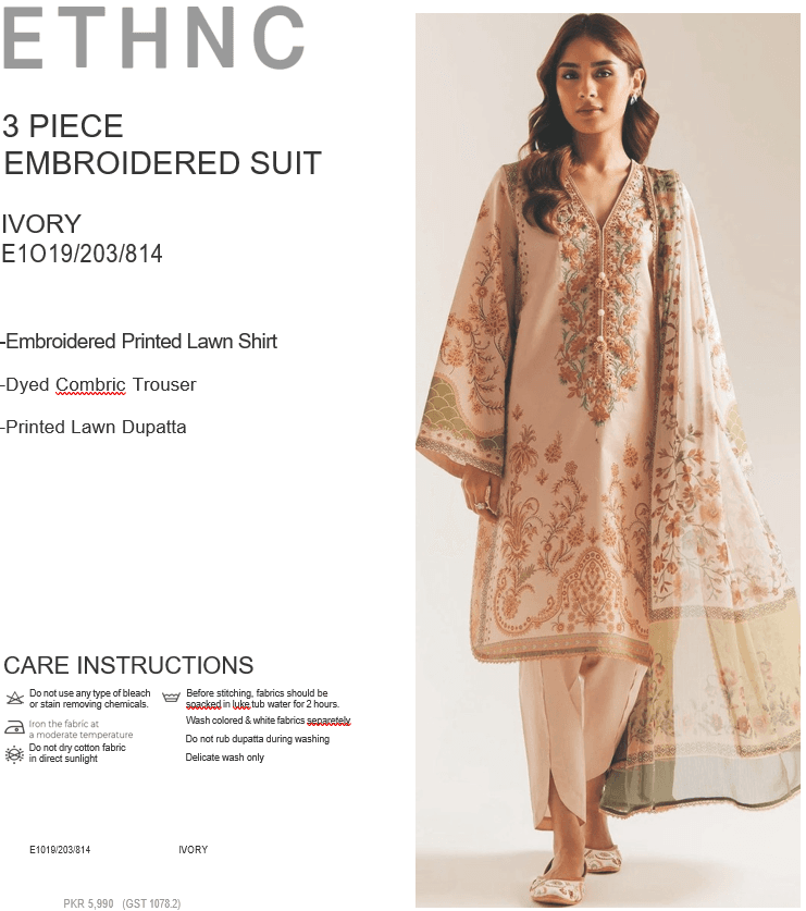 ETHNC Ivory 3 Piece Embroidered Lawn Suit